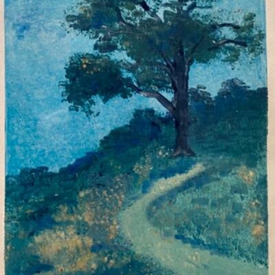 Lovely Monoprint by Pat Hutchens in blues and greens 
