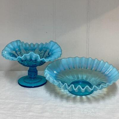 Pair of Fenton Blue Opalescent Bowl & Dish  