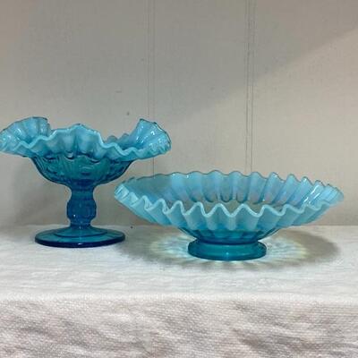Pair of Fenton Blue Opalescent Bowl & Dish  