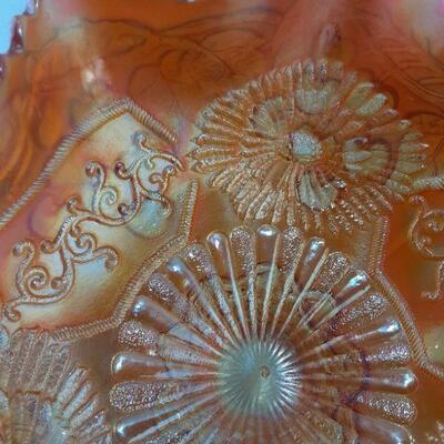 Fenton Marigold Mikado Cherries Carnival Glass Compote