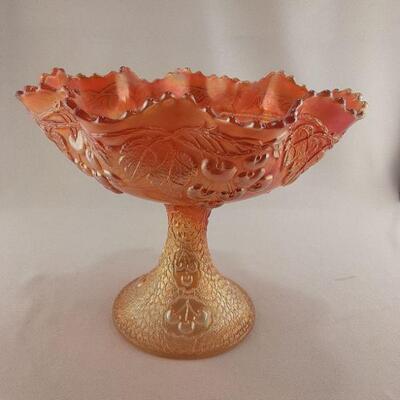 Fenton Marigold Mikado Cherries Carnival Glass Compote