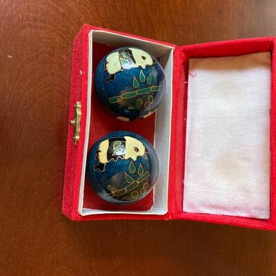 Vintage Asian cloisonne enamel bronze trinket box and Chinese Boading Stress Balls