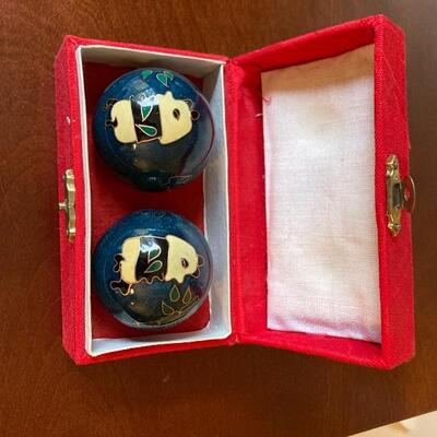 Vintage Asian cloisonne enamel bronze trinket box and Chinese Boading Stress Balls