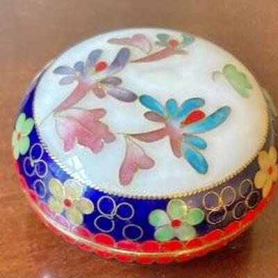 Vintage Asian cloisonne enamel bronze trinket box and Chinese Boading Stress Balls