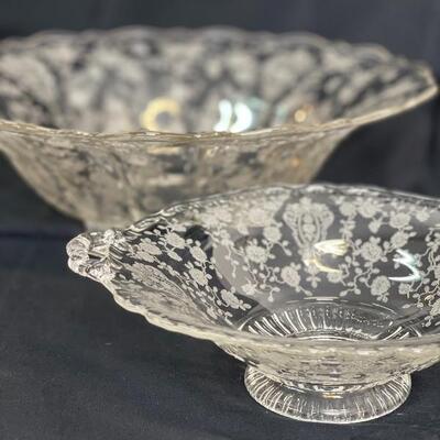 Rosepoint Etched Glass BonBon Bowl and Footed Bowl