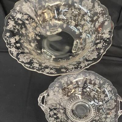 Rosepoint Etched Glass BonBon Bowl and Footed Bowl