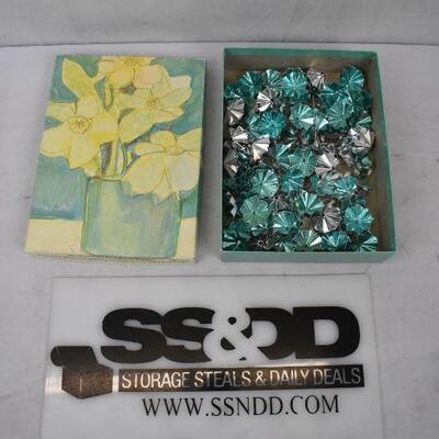 Box of Vintage Ornament Decor Pieces with Long Decorative Straight Pins