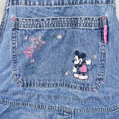 Women's Size 18/20 Mickey Overall Shorts, Denim with Pink and White Embroidery 