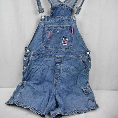 Women's Size 18/20 Mickey Overall Shorts, Denim with Pink and White Embroidery 