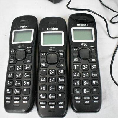 7 pc Uniden Cordless Phones: 1 base, 3 chargers, 3 handsets. Untested, as is