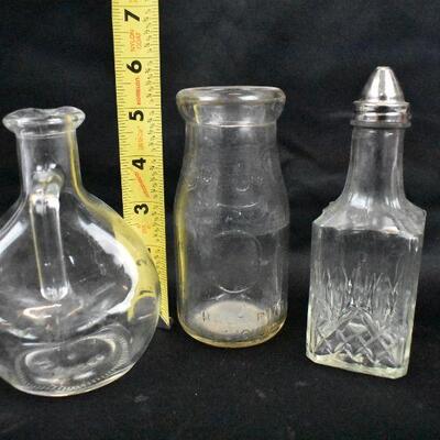 3 pc Kitchen Clear Glass: small pticher, half pint milk jug, oil jar