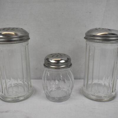 3 pc Parmesan & Pepper Shakers. Glass with Metal Shaker Lids