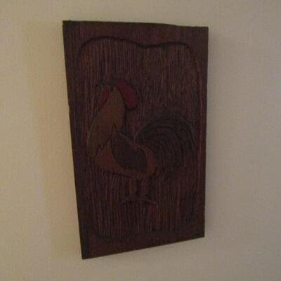 Vintage Carved Rooster on Wood Plank Hanging- 16