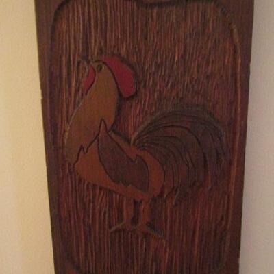 Vintage Carved Rooster on Wood Plank Hanging- 16