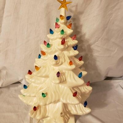 LOT #9. Vintage large white ceramic Christmas tree with lights, 17â€h - works 