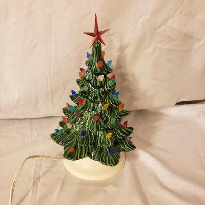 LOT #13. Vintage green ceramic Christmas tree with lights 11â€ - works