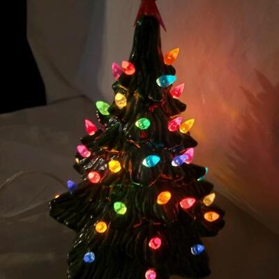 LOT #13. Vintage green ceramic Christmas tree with lights 11â€ - works