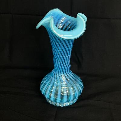 Fenton Blue Opalescent Spiral Optic Vase  1939