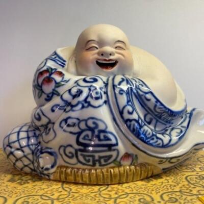 Vintage Good Luck & Wealth Porcelain Chinese Laughing Buddha in Presentation Box 