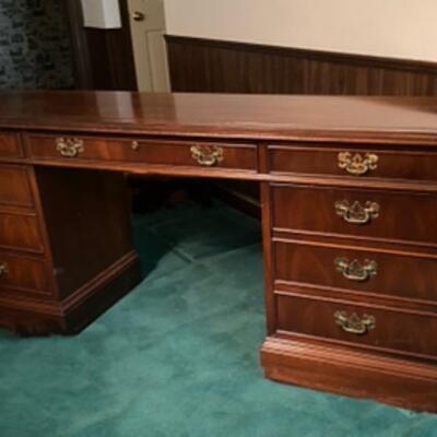 Vintage Mahogany SLIGH Writing Desk / Credenza w class Brass Wing Plates and bale pulls 