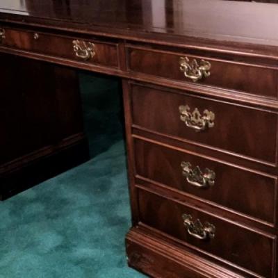 Vintage Mahogany SLIGH Writing Desk / Credenza w class Brass Wing Plates and bale pulls 