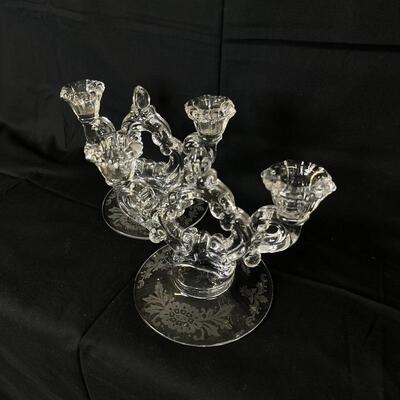 Pair of Cambridge Etched Glass Candlesticks
