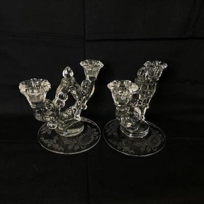 Pair of Cambridge Etched Glass Candlesticks