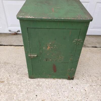 LOT #28. Vintage green wooden cabinet with shelf