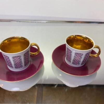Pair Pink GILT Vintage Fine Porcelain Cups Saucers by Pirken Hammer