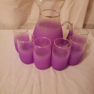 LOT #39. Set of purple vintage pitcher with six glasses, MCM