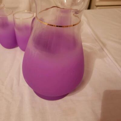 LOT #39. Set of purple vintage pitcher with six glasses, MCM