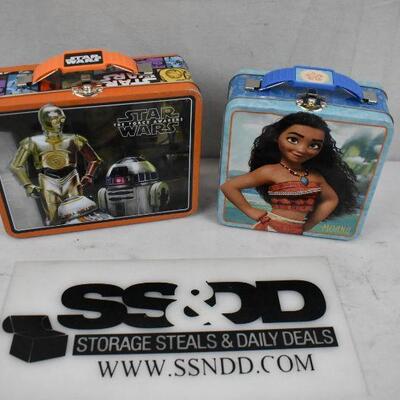 2 pc Lunch Tins, Moana and Star Wars. Used, Some Dings and Needs to Be Cleaned
