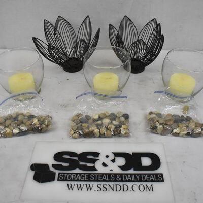 8 pc Centerpiece: 2 Metal Tea Light Holders, 3 Glass Candle Holders with Rocks