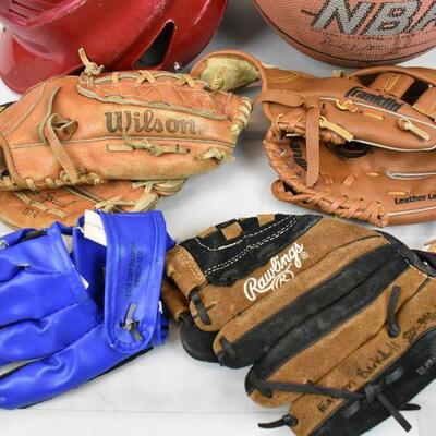 6 pc Sports: Basketball, Baseball Helmet, 4 misc Baseball Gloves