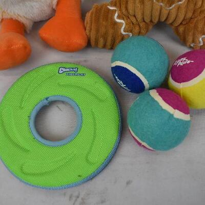 6 pc Pet Toys: 2 Stuffed Squeakers, 1 small frisbee, 3 balls