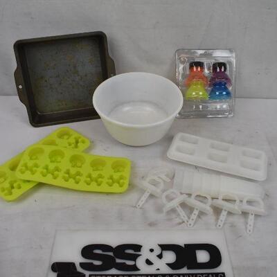 9 pc Kitchen: Popcicle Molds, Ice Cube Trays, Milk Glass Bowl, Soda Can Tops etc
