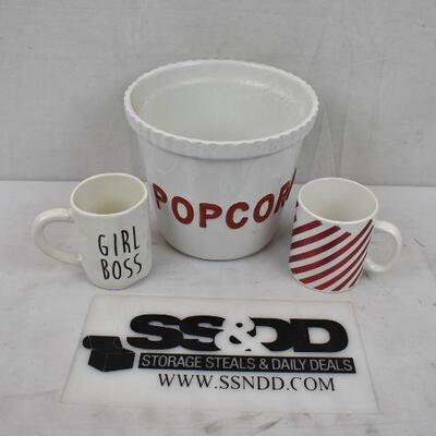 3 pc Ceramic Kitchen, Popcorn Bucket, Girl Boss Rae Dunn, Striped Mug 