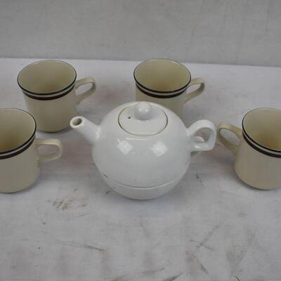 Mismatched Teapot with attached bowl and 4 mugs 