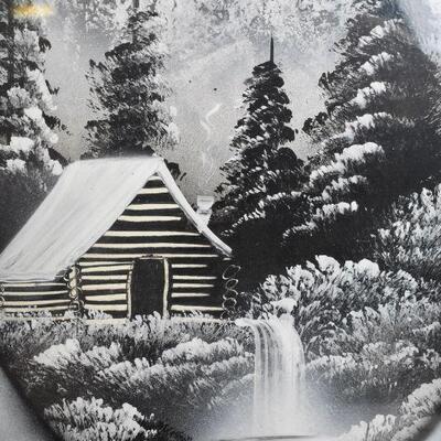 Snowy Winter Cabin Art in Frame