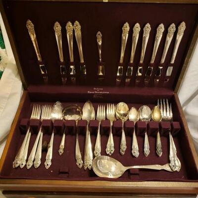 LOT #52. Set of vintage silver plate flatware with box, Prestige Plate. 