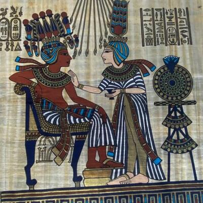 Pair of Unique Egyptian Papyrus Paintings of Ancient Gods and Godesses in Vibrant Colors