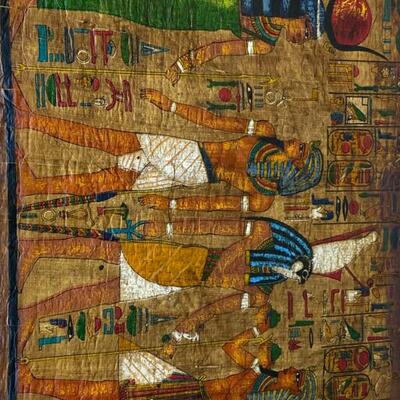 Pair of Unique Egyptian Papyrus Paintings of Ancient Gods and Godesses in Vibrant Colors