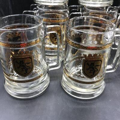 Set of 12 Glass Beer Tankard Mugs Gold Lion Coat of Arms Medieval YD#022-0359