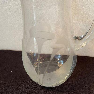 #142  Clear Etched Glass Flower Cala Lily  Pitcher 