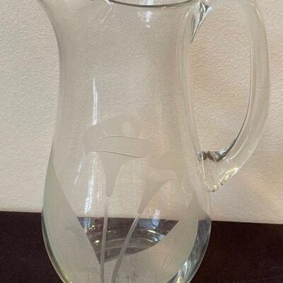 #142  Clear Etched Glass Flower Cala Lily  Pitcher 