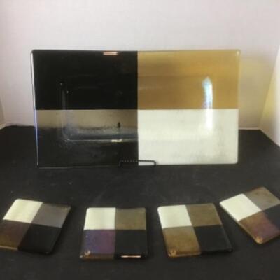 K -1355. Signed / Numbered Hand Blown Platter & Matching Coasters 