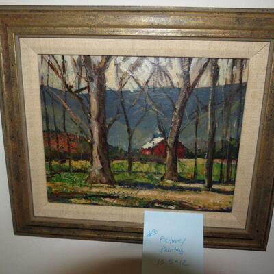 Framed Painting Trees Woods Forest Mountain Red Barn 13 1/2 x 12 - Item # 30