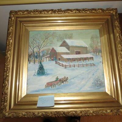Framed Painting Winter Barn Horse Drawn Carriage 23 x 21 inches - Item # 74
