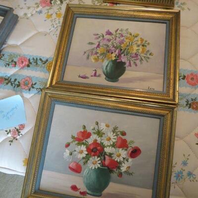 Two Framed Leso Paintings Flowers Vases Daisies Yellow Purple Lavendar Red  12 x 10 -  Item # 76