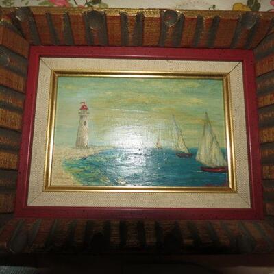 Framed Painting Litehouse Beach Sailboats Summer Sand 8 1/2 x 7 inches - Item # 77